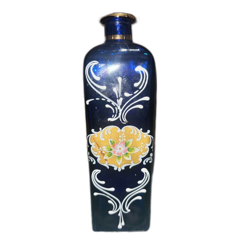 Vintage Hand Painted Bohemian Cobalt Blue Bottle Gold Floral Italy